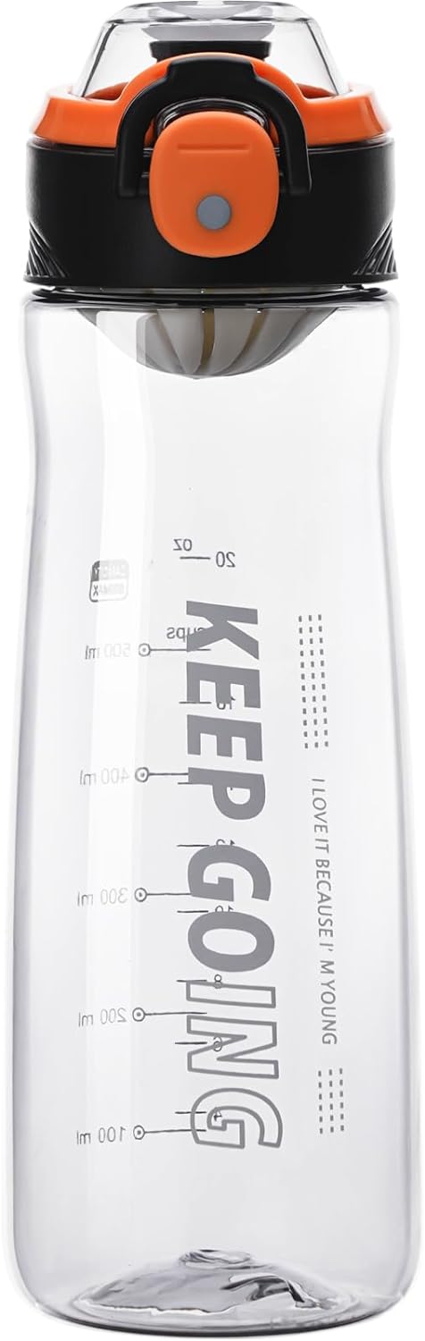 27OZ Reusable Plastic Water Bottle, Clear with Measurements, Sports Bottle for Running, Gym, Hiking, Black
