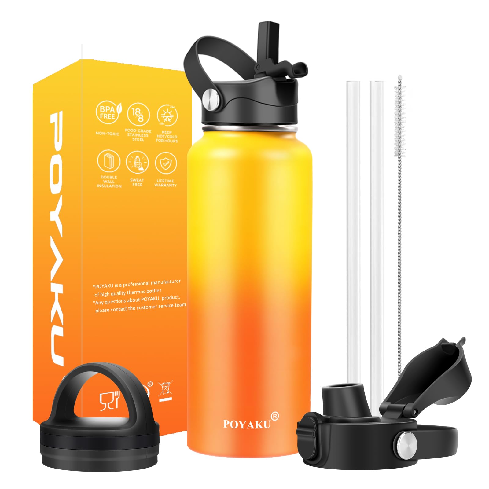 Water Bottle Insulated 32oz 40oz 64oz 128oz Straw Lid Spout Lid & 3 Lids, Leak Proof, Vacuum Insulated,Stainless Steel Water Bottle Wide Mouth for Sports, Gym or Office