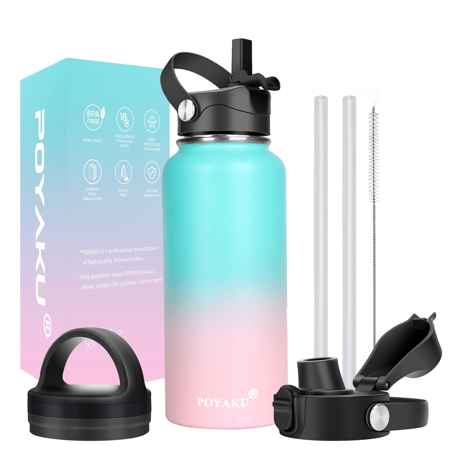 Water Bottle Insulated 32oz 40oz 64oz 128oz Straw Lid Spout Lid & 3 Lids, Leak Proof, Vacuum Insulated,Stainless Steel Water Bottle Wide Mouth for Sports, Gym or Office