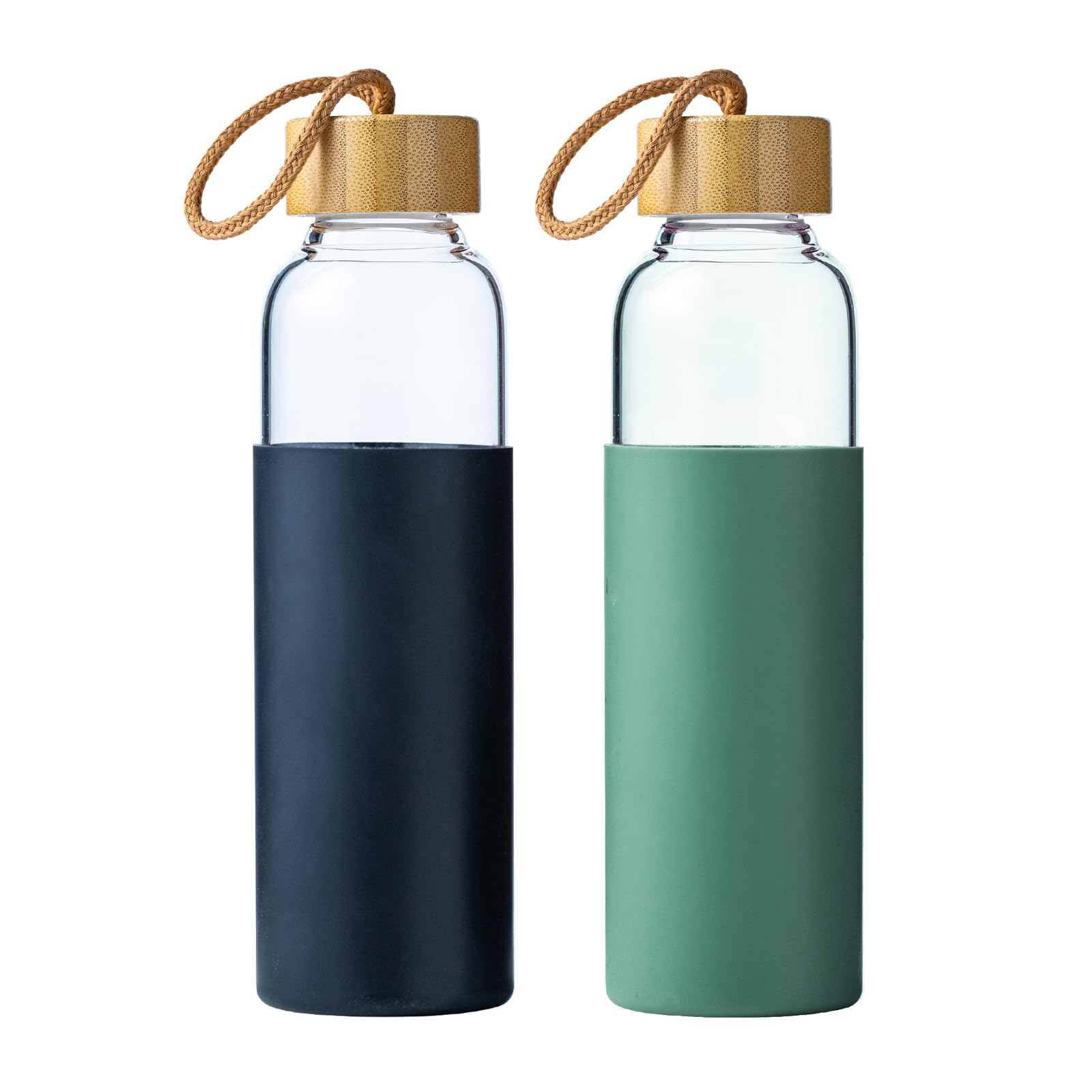 21oz Glass Water Bottle with Silicone Sleeve & Bamboo Lid, BPA Free Reusable Water Bottle Glass for Gym Office Travel, Gift for Fitness Enthusiasts (Green)