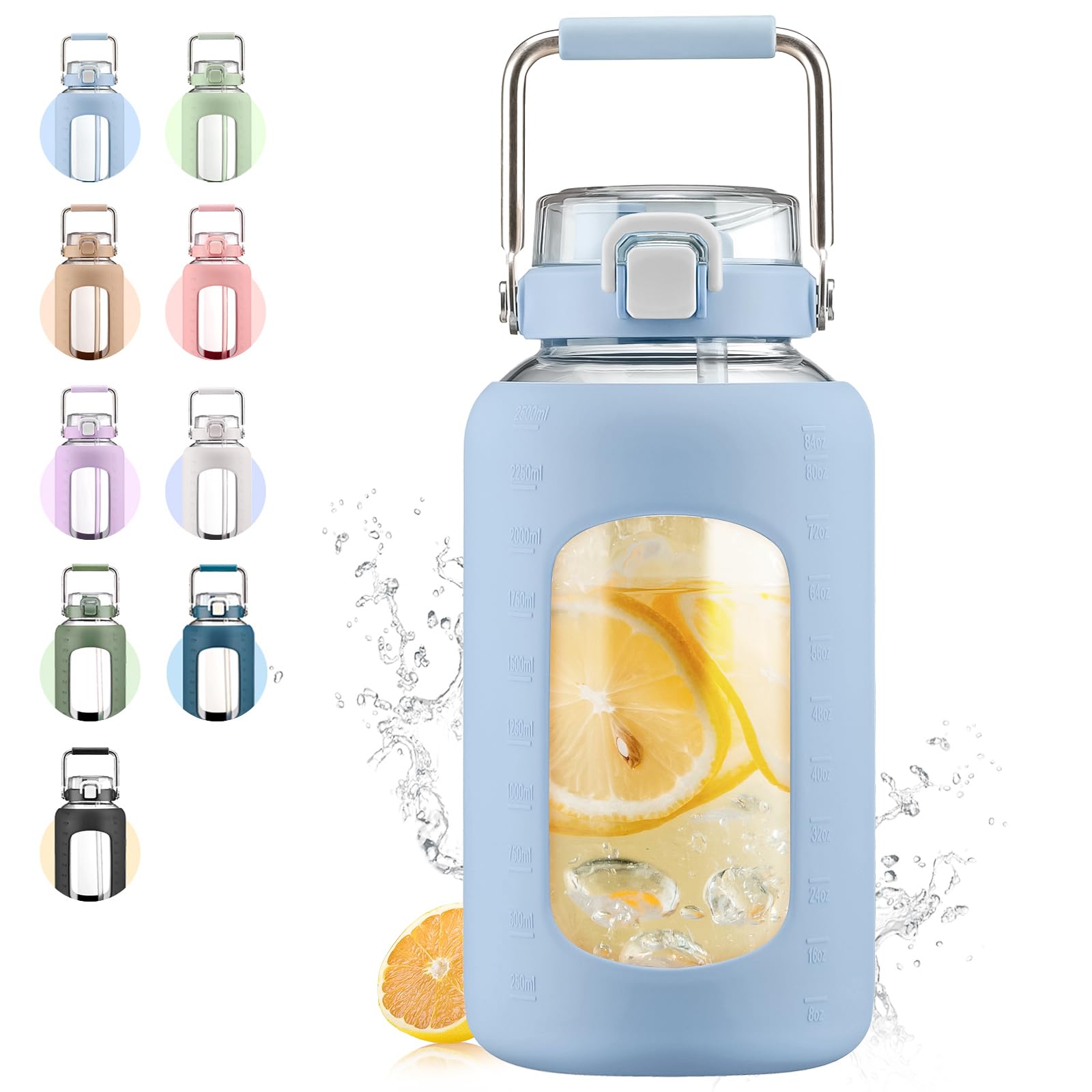 Large Glass Water Bottles with Stainless Steel Handle,100 oz Gallon Drinking Bottle with 2-in-1 Straw Lid,3 Liter Glass Water Jug with Silicone Sleeve,Wide Mouth,Light Blue
