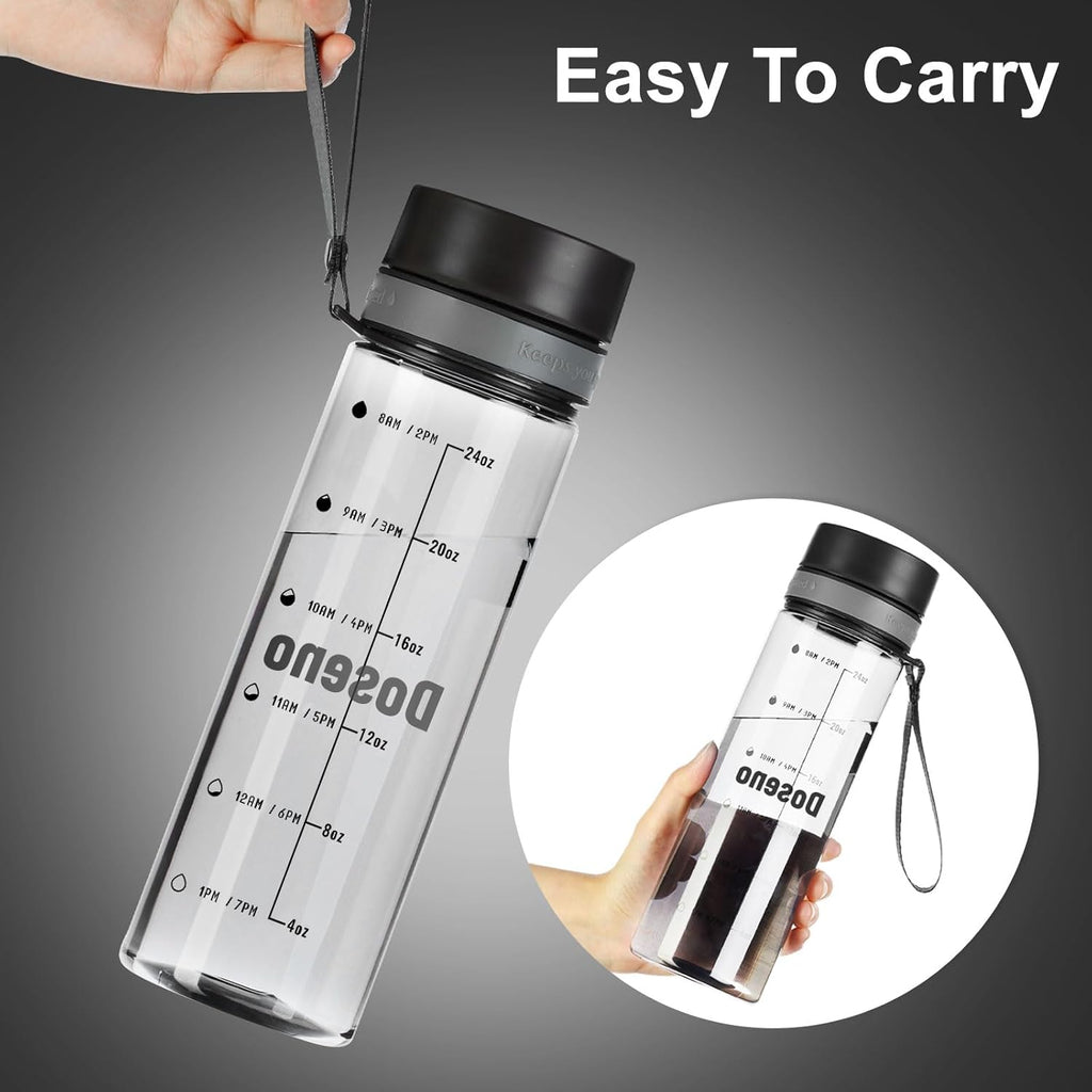 Reusable Water Bottle, 28OZ Clear Water Bottle with Time Marker, Plastic Water Bottles with Strap, Gym Water Bottles for Men, Black