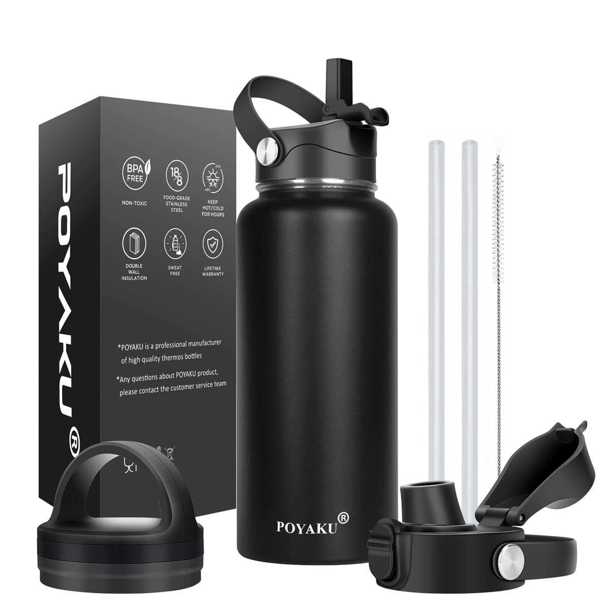 Water Bottle Insulated 32oz 40oz 64oz 128oz Straw Lid Spout Lid & 3 Lids, Leak Proof, Vacuum Insulated,Stainless Steel Water Bottle Wide Mouth for Sports, Gym or Office