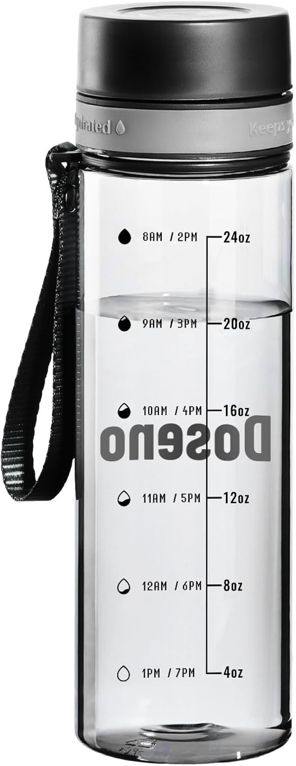 Reusable Water Bottle, 28OZ Clear Water Bottle with Time Marker, Plastic Water Bottles with Strap, Gym Water Bottles for Men, Black