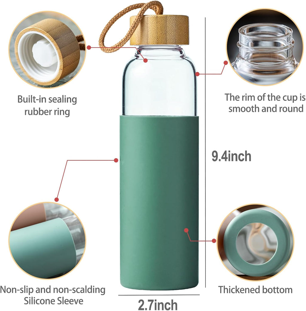 21oz Glass Water Bottle with Silicone Sleeve & Bamboo Lid, BPA Free Reusable Water Bottle Glass for Gym Office Travel, Gift for Fitness Enthusiasts (Green)