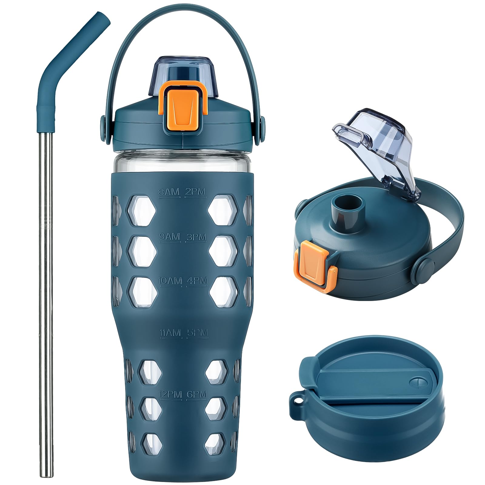 MUKOKO 64oz Glass Water Bottles with Straw and Lid,Half Gallon Water Bottle with Time Marker,Large Glass Water Jug with Silicone Sleeve and Stainless Steel Handle-Purple