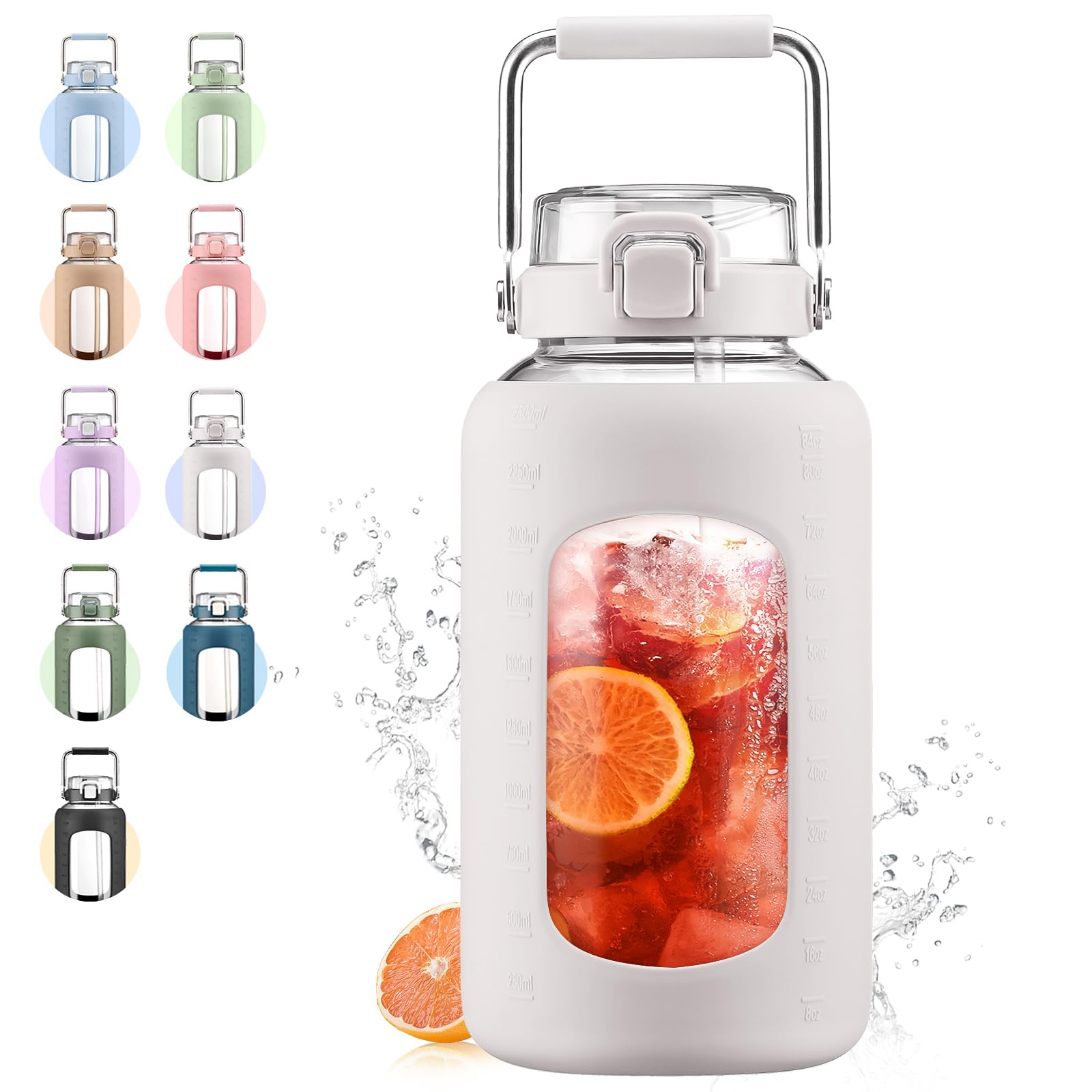 Large Glass Water Bottles with Stainless Steel Handle,100 oz Gallon Drinking Bottle with 2-in-1 Straw Lid,3 Liter Glass Water Jug with Silicone Sleeve,Wide Mouth,Light Blue