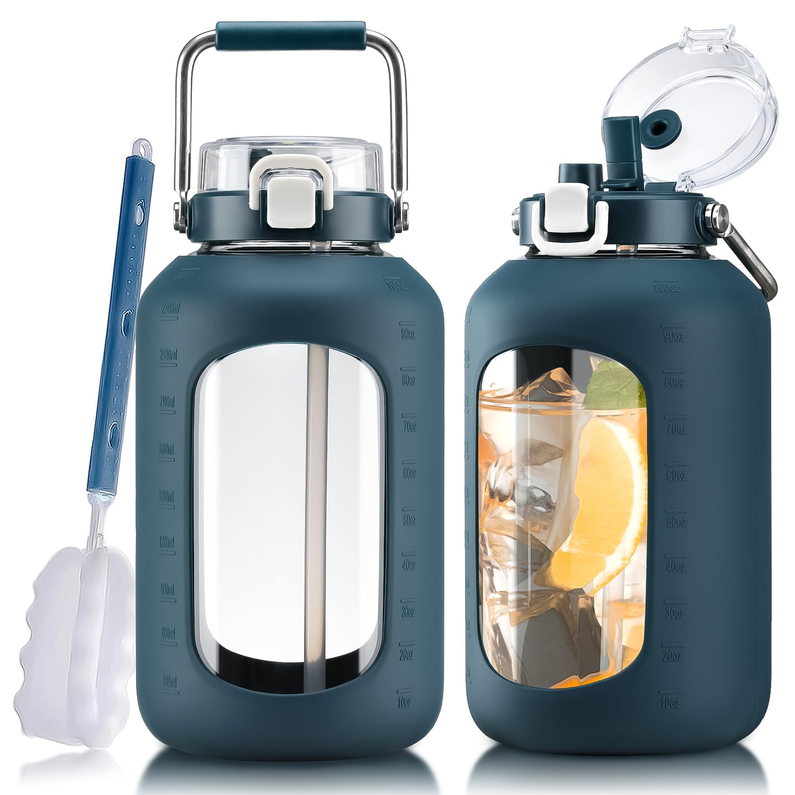 Large Glass Water Bottles with Stainless Steel Handle,100 oz Gallon Drinking Bottle with 2-in-1 Straw Lid,3 Liter Glass Water Jug with Silicone Sleeve,Wide Mouth,Light Blue
