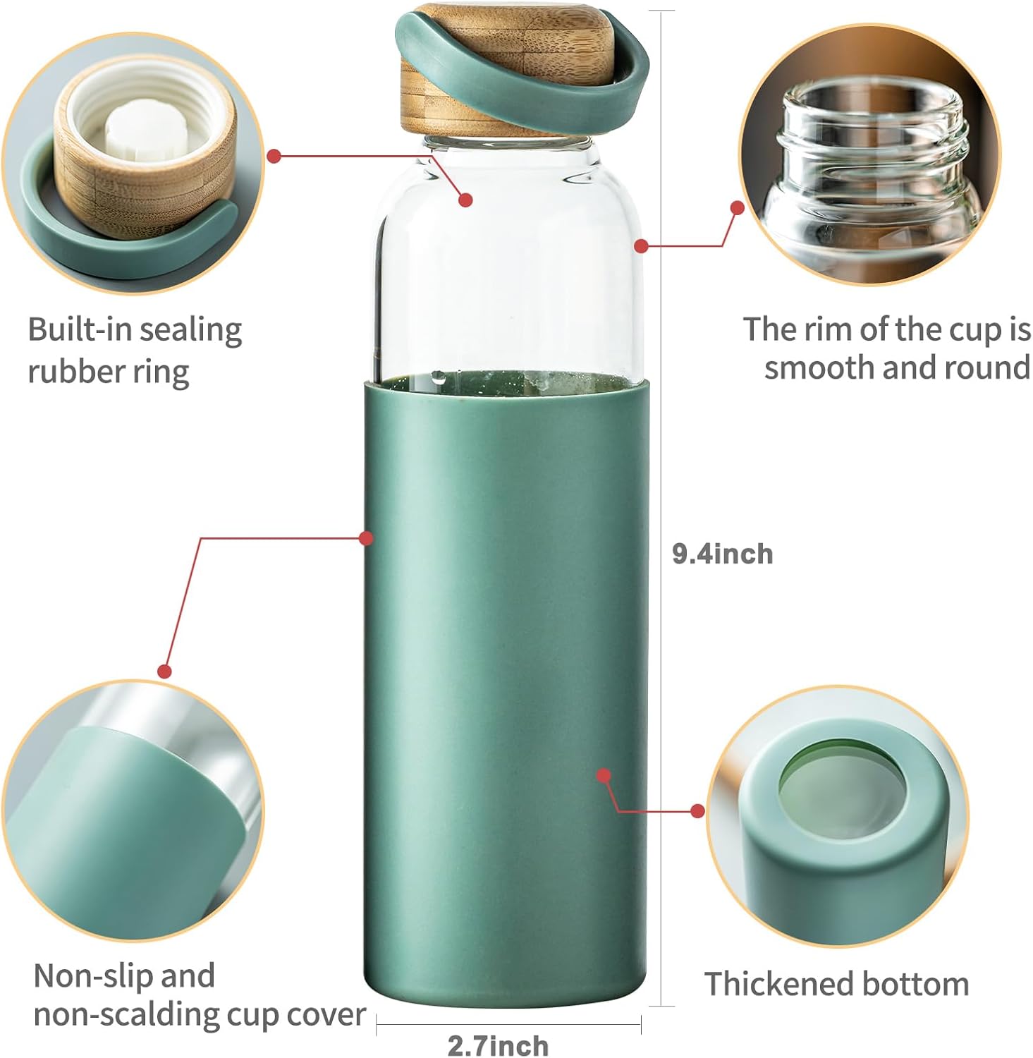 21oz Borosilicate Glass Water Bottles with Silicone Non-Slip Sleeve & Leak-Proof Lid-Reusable Drink Bottle for Office,Travel,Gym,Hiking-BPA Free,Ideal Gift for Home,Car &Fitness (Green)