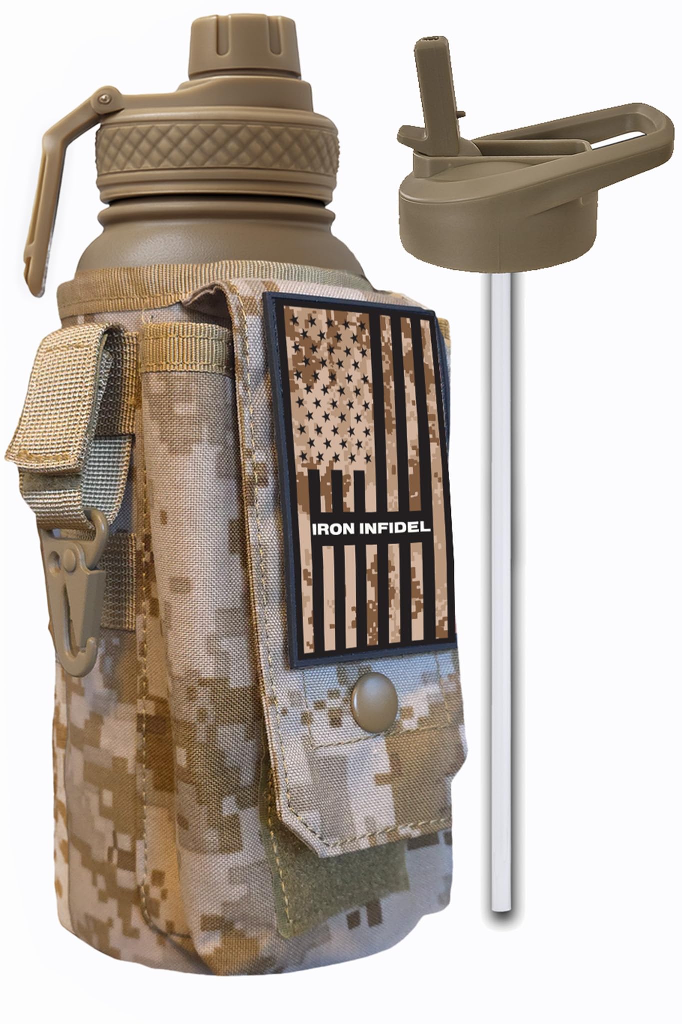 Iron Infidel Battle Bottle - Half Gallon Insulated Water Bottle with Paracord Handle - Large 64 oz Stainless Steel Water Jug & Rugged, Removable Sleeve For Keys, Wallet, Phone (OCP Camo 2 Liter)