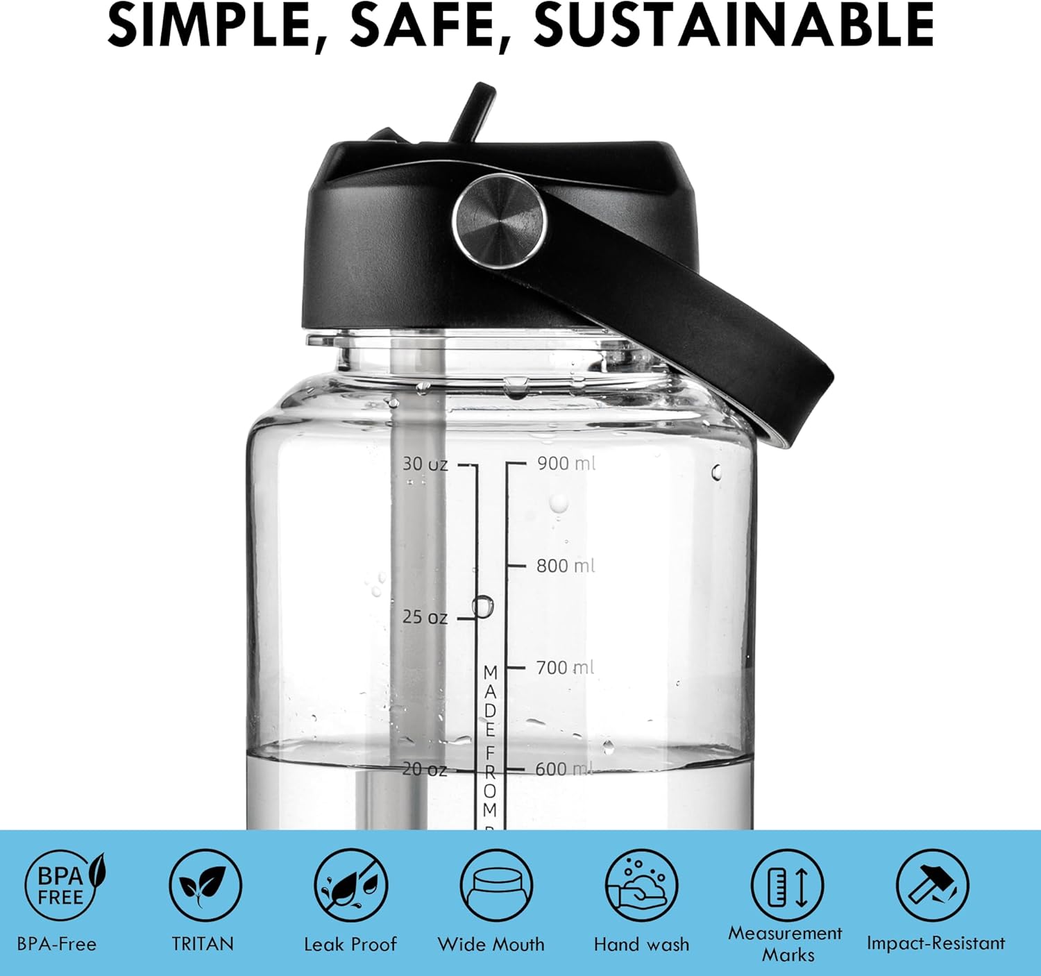 OLDLEY 32 oz Clear Water Bottle with Straw,Tritan BPA-Free, Wide Mouth, Leak Proof - for Gym, Travel, Home, School, Office (Clear)