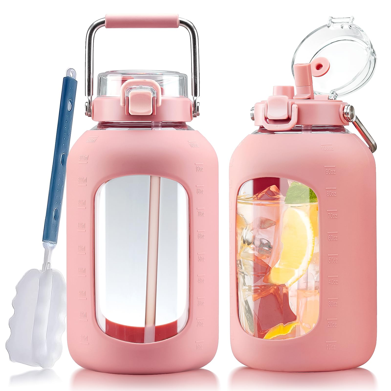 Large Glass Water Bottles with Stainless Steel Handle,100 oz Gallon Drinking Bottle with 2-in-1 Straw Lid,3 Liter Glass Water Jug with Silicone Sleeve,Wide Mouth,Light Blue