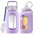 Large Glass Water Bottles with Stainless Steel Handle,100 oz Gallon Drinking Bottle with 2-in-1 Straw Lid,3 Liter Glass Water Jug with Silicone Sleeve,Wide Mouth,Light Blue