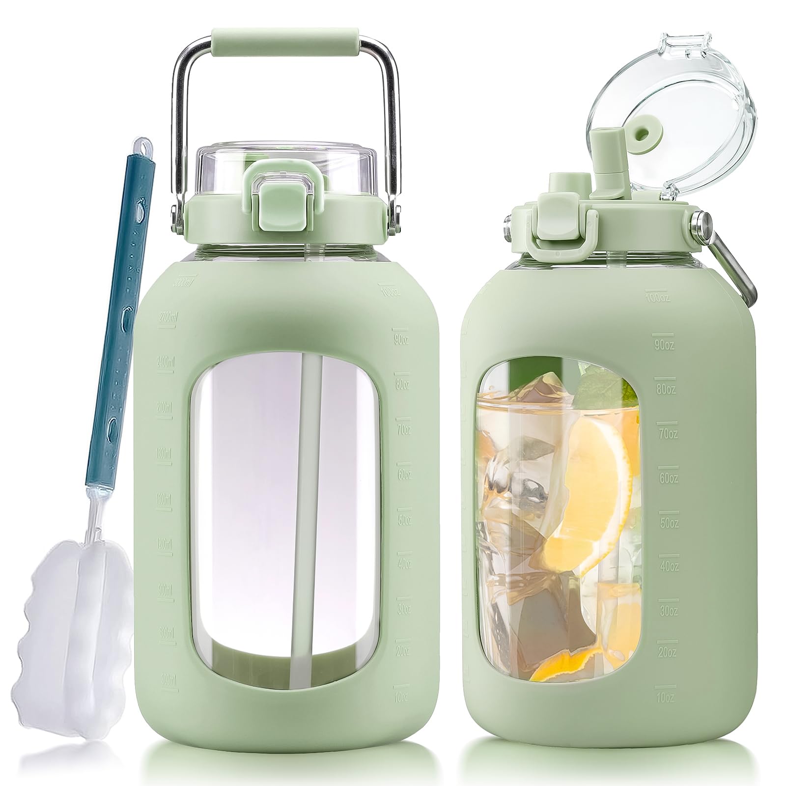 Large Glass Water Bottles with Stainless Steel Handle,100 oz Gallon Drinking Bottle with 2-in-1 Straw Lid,3 Liter Glass Water Jug with Silicone Sleeve,Wide Mouth,Light Blue