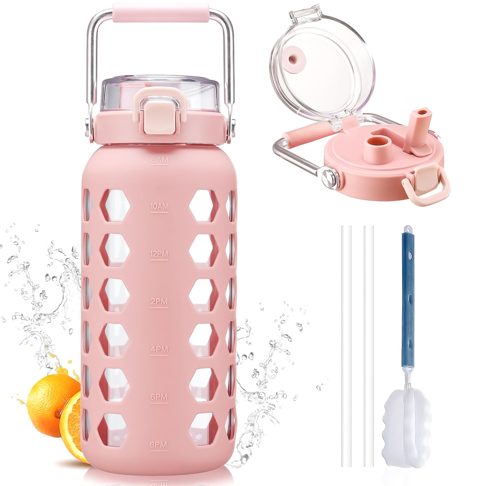 MUKOKO 64oz Glass Water Bottles with Straw and Lid,Half Gallon Water Bottle with Time Marker,Large Glass Water Jug with Silicone Sleeve and Stainless Steel Handle-Purple