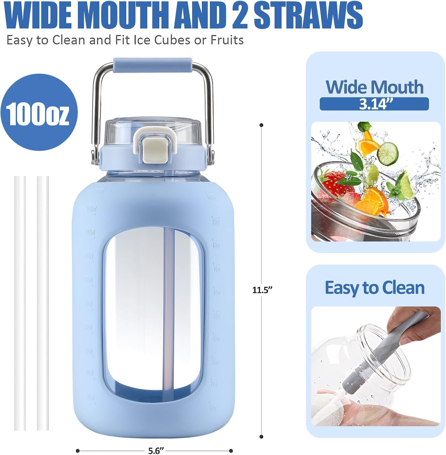 Large Glass Water Bottles with Stainless Steel Handle,100 oz Gallon Drinking Bottle with 2-in-1 Straw Lid,3 Liter Glass Water Jug with Silicone Sleeve,Wide Mouth,Light Blue
