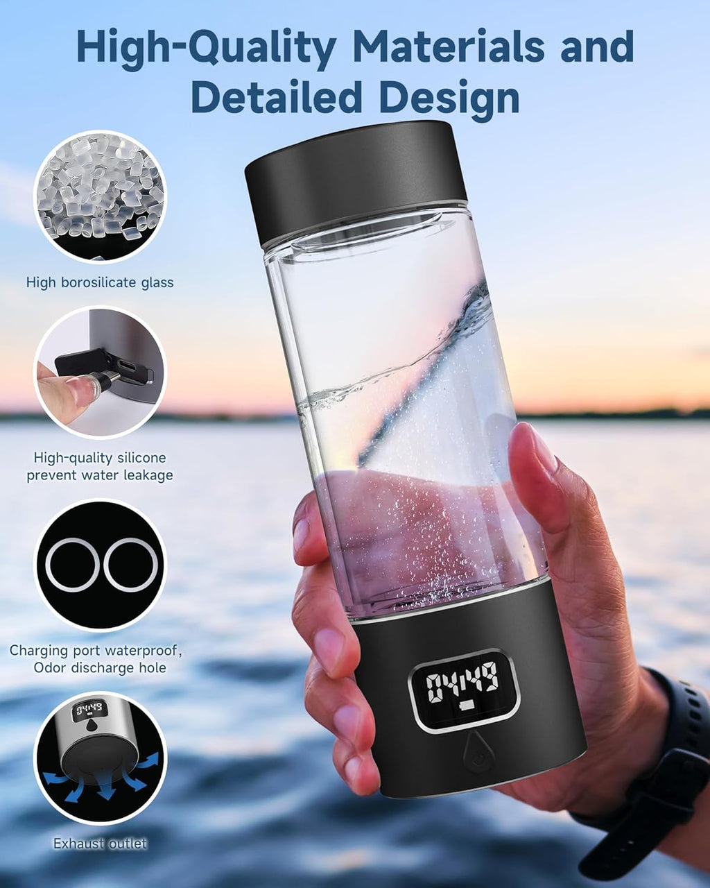 Hydrogen Water Bottle - Portable, Rechargeable, LED Timer, Aluminum and Glass, 5000 PPB Hydrogen in 10 Minutes, for Husband, Father, Friend & Family, for Sports, Home, Office (Black, 340ml)