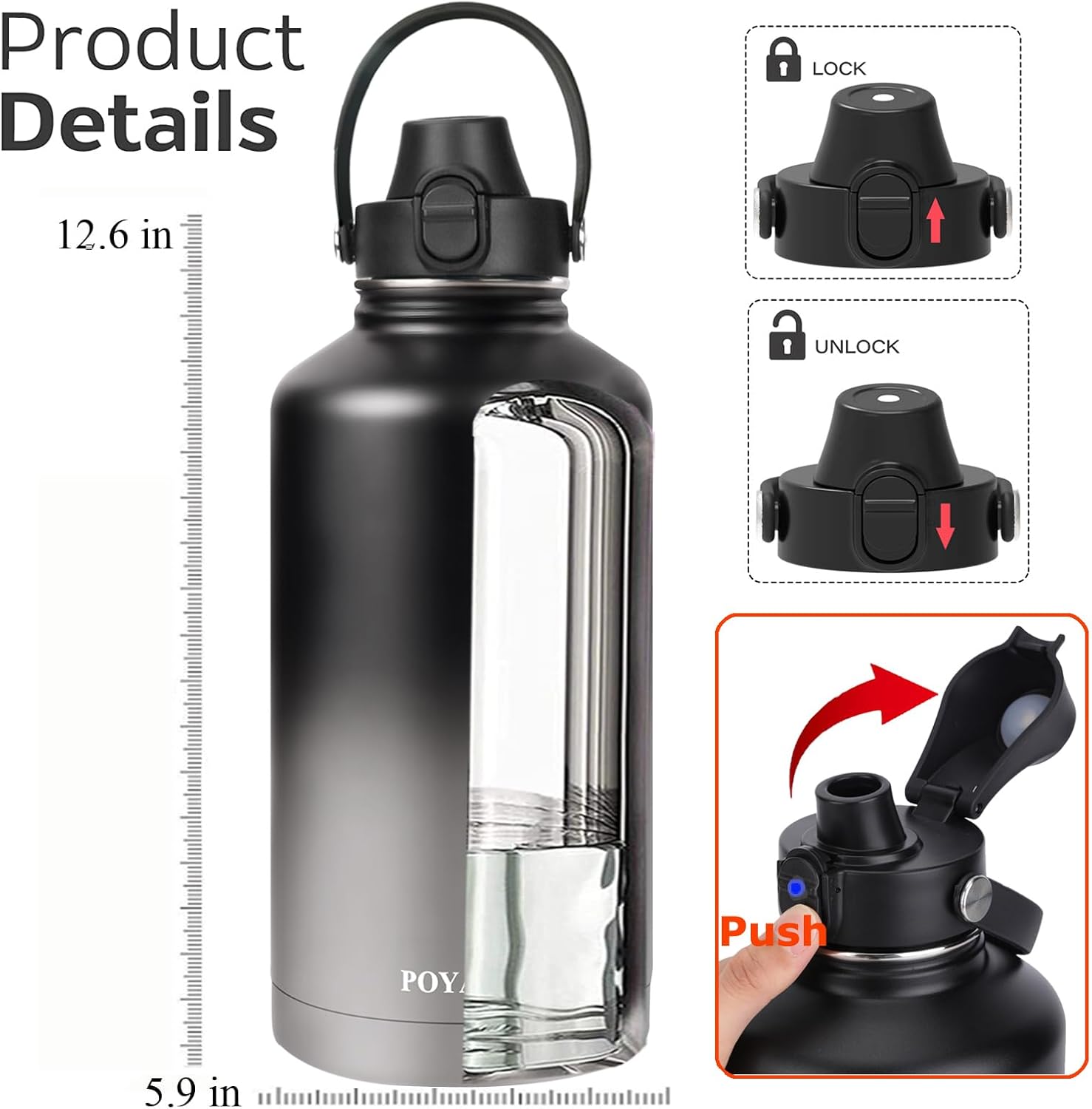 Water Bottle Insulated 32oz 40oz 64oz 128oz Straw Lid Spout Lid & 3 Lids, Leak Proof, Vacuum Insulated,Stainless Steel Water Bottle Wide Mouth for Sports, Gym or Office