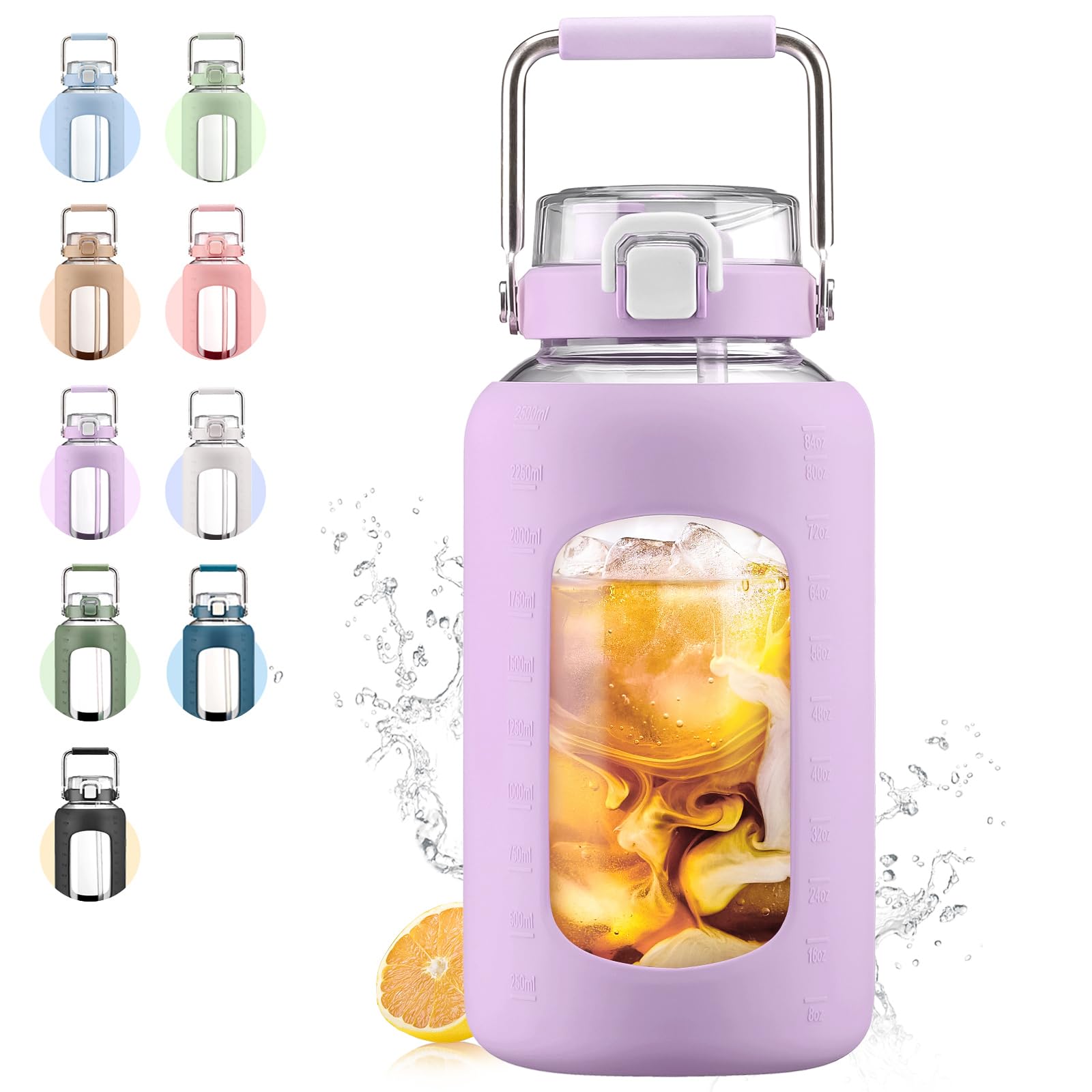 Large Glass Water Bottles with Stainless Steel Handle,100 oz Gallon Drinking Bottle with 2-in-1 Straw Lid,3 Liter Glass Water Jug with Silicone Sleeve,Wide Mouth,Light Blue