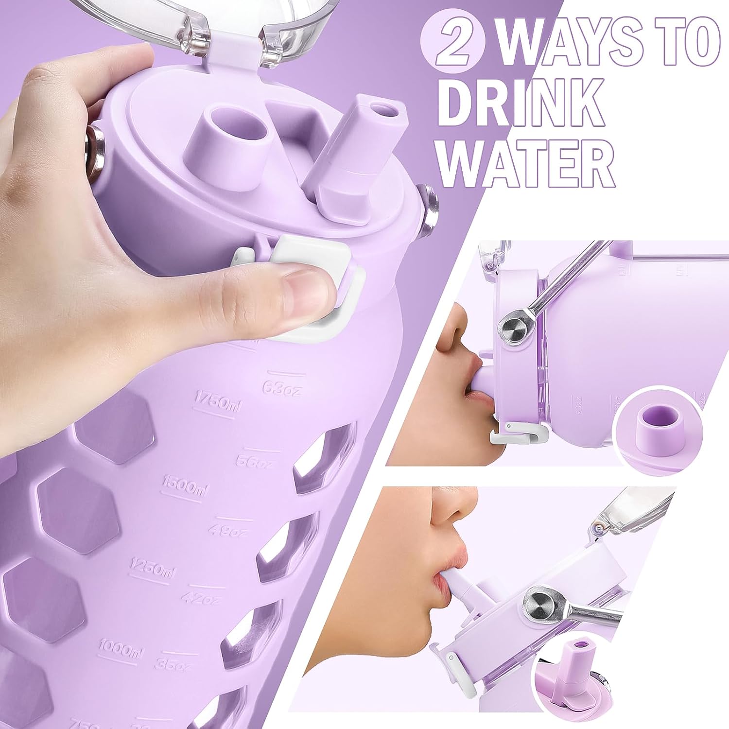 MUKOKO 64oz Glass Water Bottles with Straw and Lid,Half Gallon Water Bottle with Time Marker,Large Glass Water Jug with Silicone Sleeve and Stainless Steel Handle-Purple