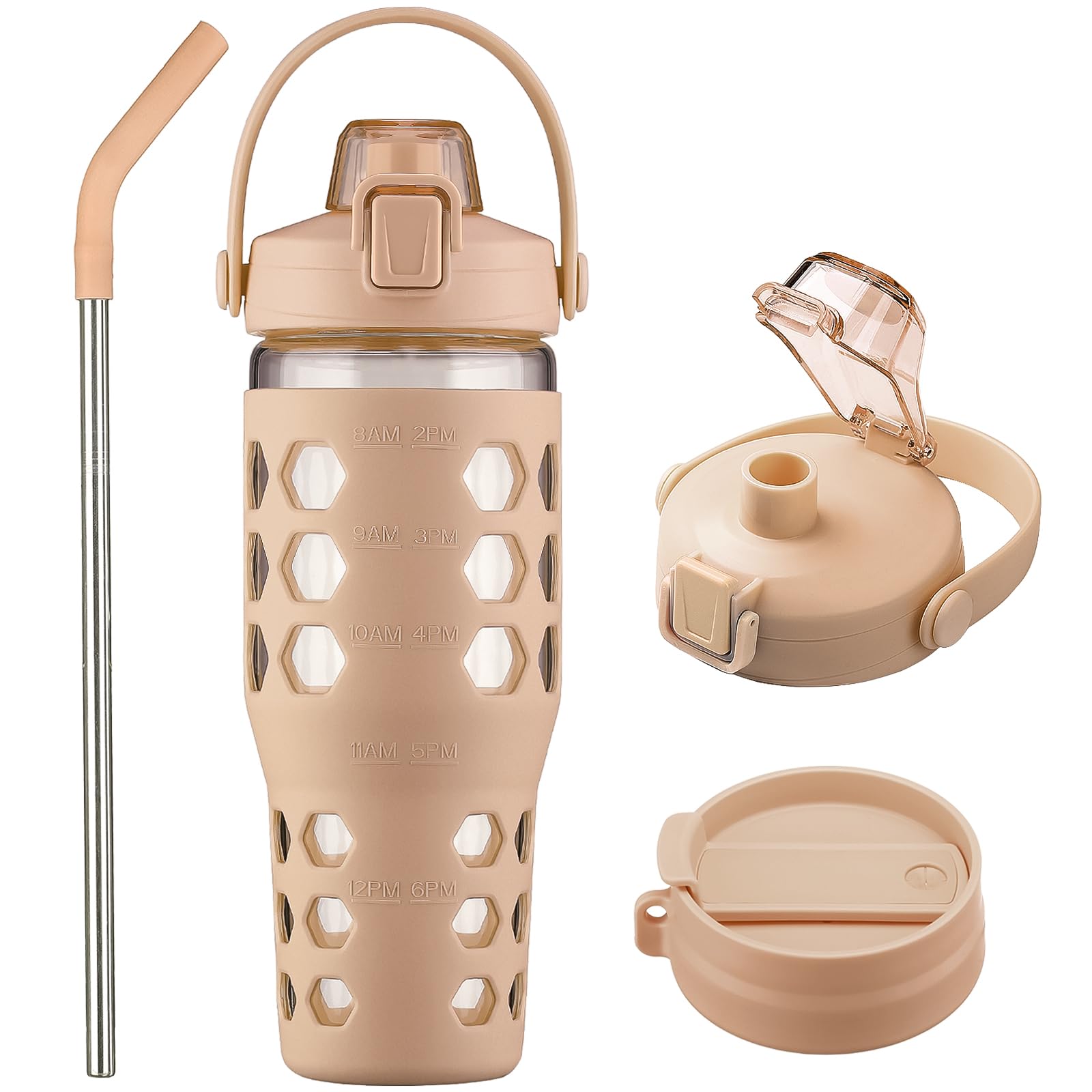 MUKOKO 64oz Glass Water Bottles with Straw and Lid,Half Gallon Water Bottle with Time Marker,Large Glass Water Jug with Silicone Sleeve and Stainless Steel Handle-Purple