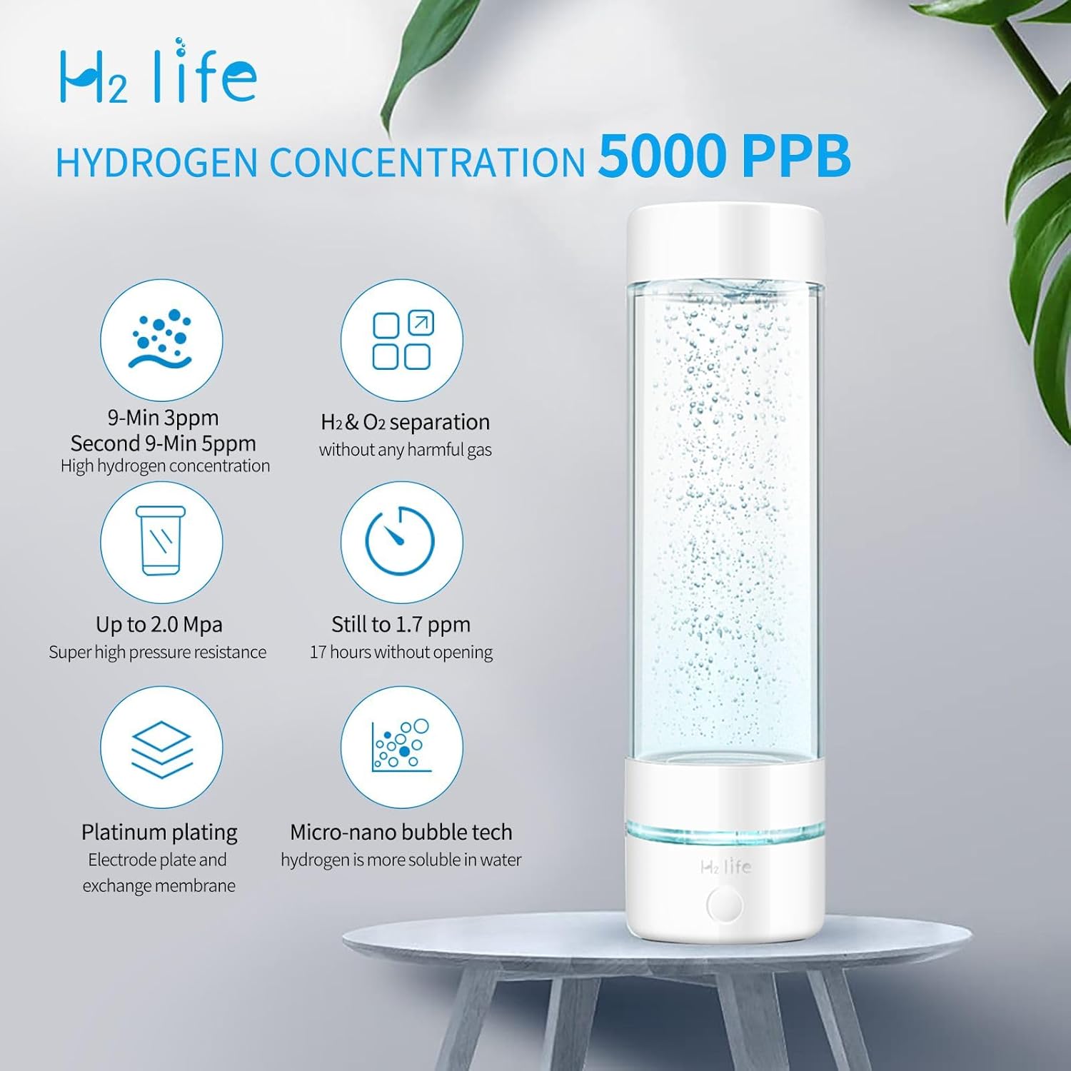 Hydrogen Water Generator, Professional BPA Free Water Bottle 5000PPB Dual Mode Portable Reusable Water Ionizer with SPE and PEM Hydrogen Water Bottle for Sports Hiking Travel Fitness