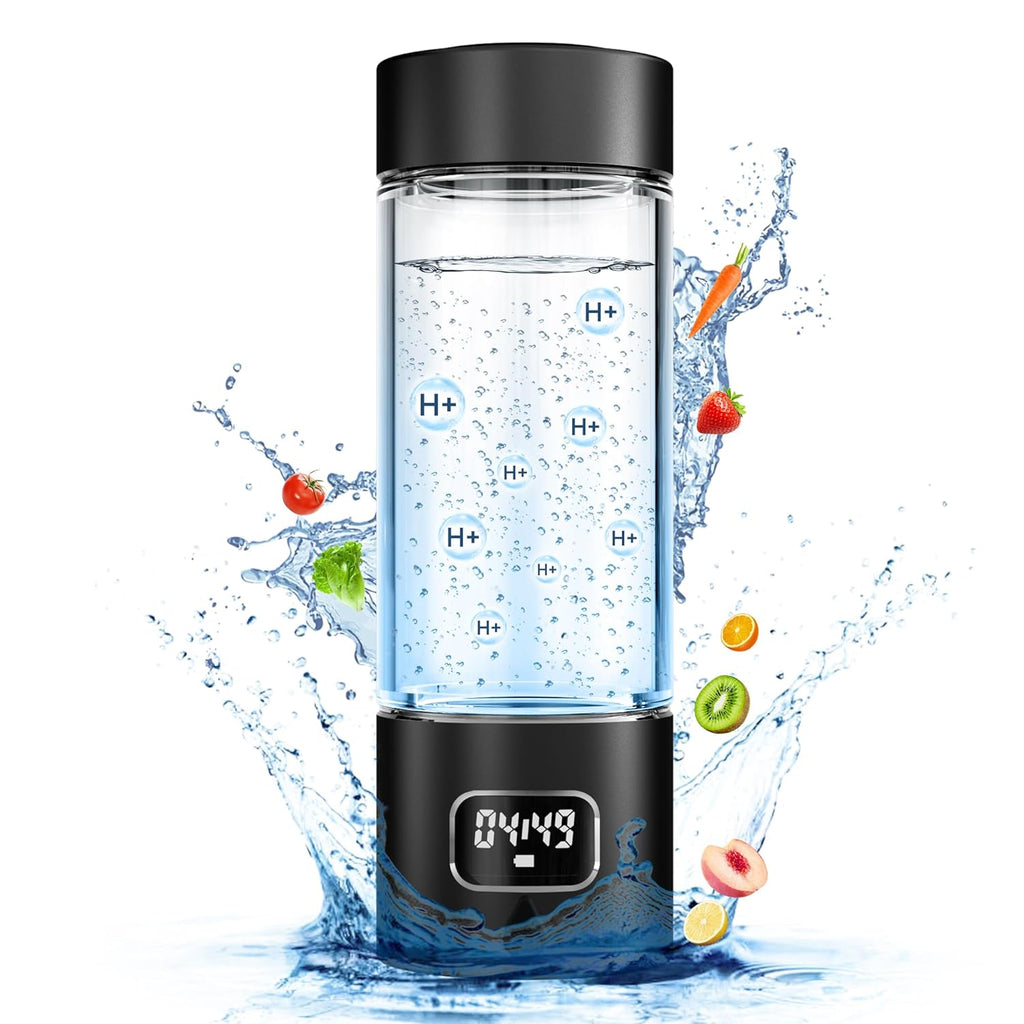 Hydrogen Water Bottle - Portable, Rechargeable, LED Timer, Aluminum and Glass, 5000 PPB Hydrogen in 10 Minutes, for Husband, Father, Friend & Family, for Sports, Home, Office (Black, 340ml)
