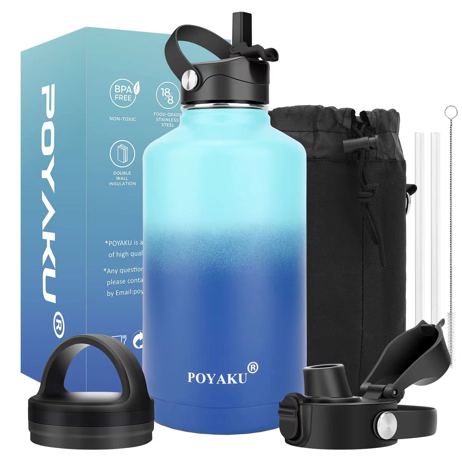 Water Bottle Insulated 32oz 40oz 64oz 128oz Straw Lid Spout Lid & 3 Lids, Leak Proof, Vacuum Insulated,Stainless Steel Water Bottle Wide Mouth for Sports, Gym or Office