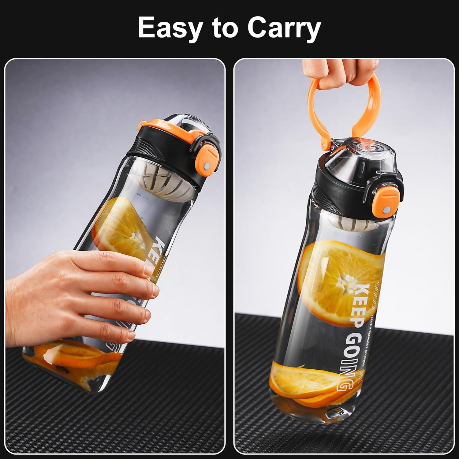 27OZ Reusable Plastic Water Bottle, Clear with Measurements, Sports Bottle for Running, Gym, Hiking, Black