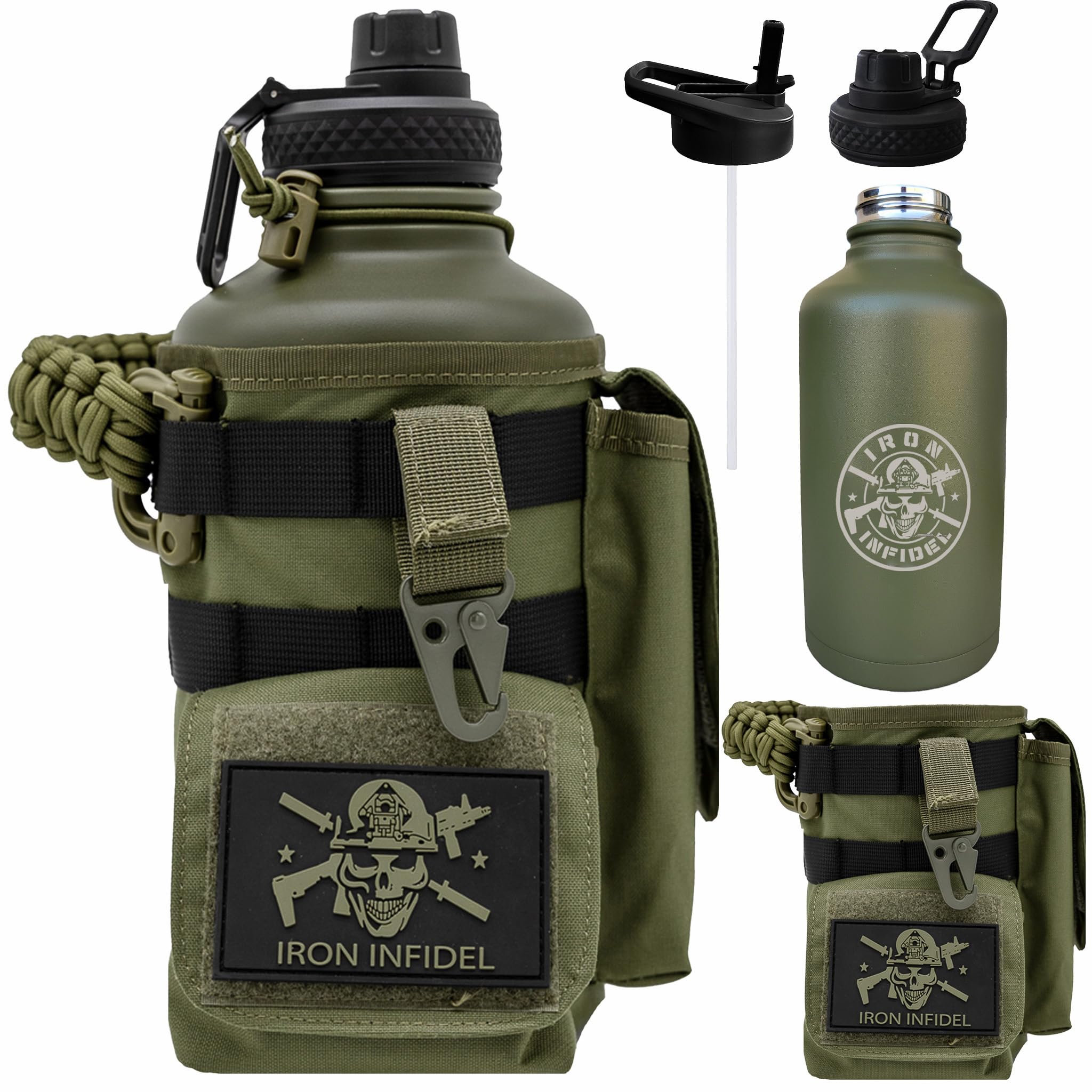 Iron Infidel Battle Bottle - Half Gallon Insulated Water Bottle with Paracord Handle - Large 64 oz Stainless Steel Water Jug & Rugged, Removable Sleeve For Keys, Wallet, Phone (OCP Camo 2 Liter)