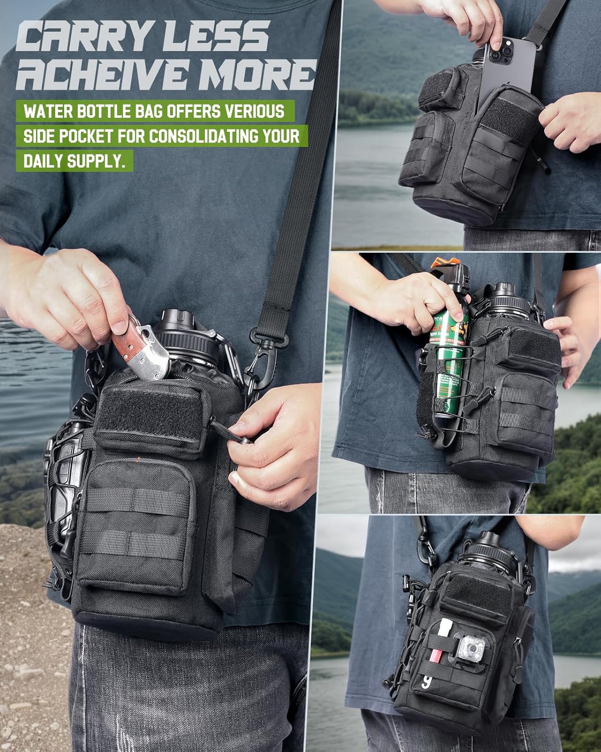 64 oz Insulated Water Bottle with Sleeve, Half Gallon Stainless Steel Tactical Water Jug Large Military Water Bottle with 3-IN-1 Pouch/3 Lids/Straw/Paracord Handle for Gym, Camping, Workout