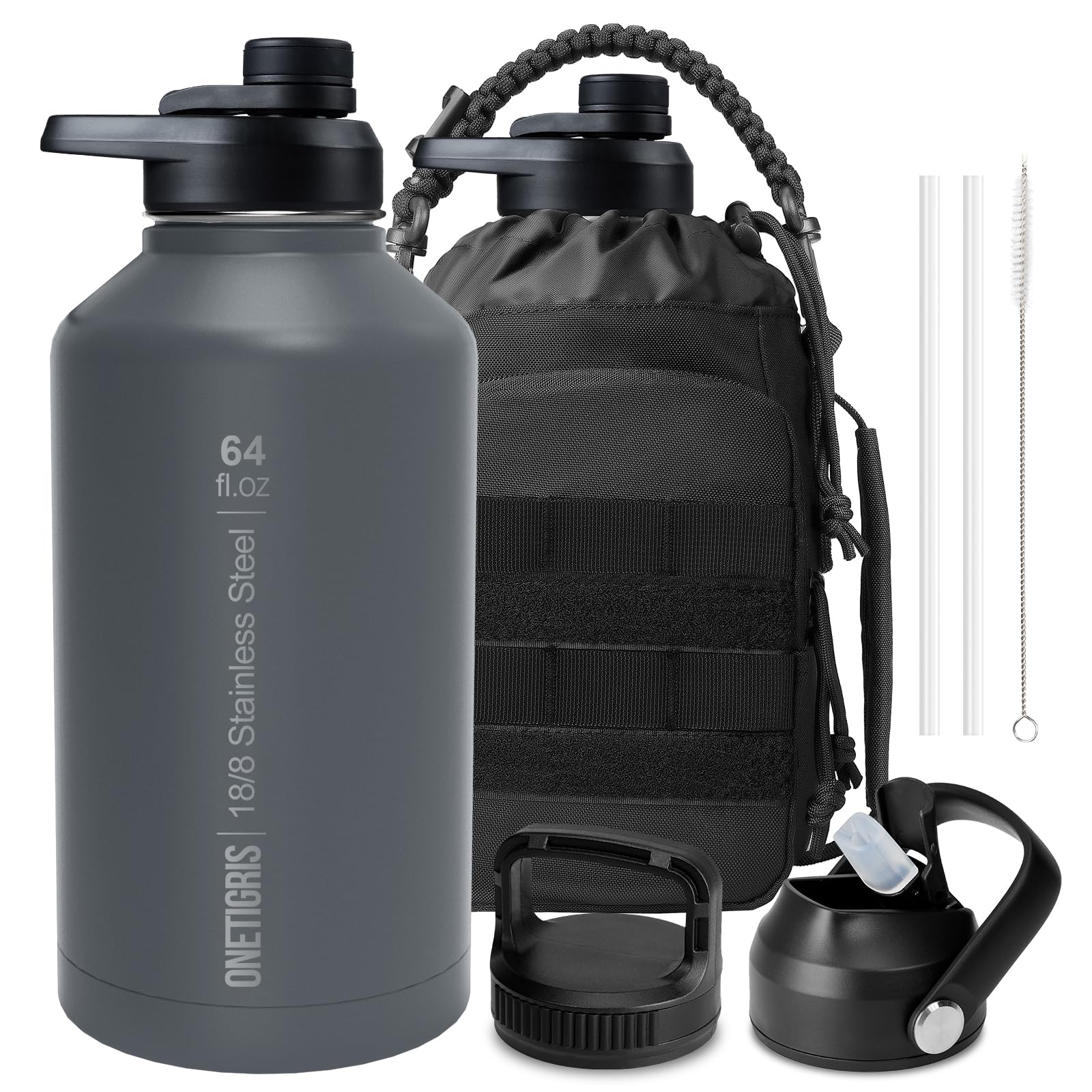 ONETIGRIS Tactical Half Gallon Water Bottle with Straw - 64 oz Vacuum Insulated Stainless Steel Water Jug, Leakproof Sport Bottle with 3 BPA Free Lids, Paracord Handle & MOLLE Water Pouch for Outdoor