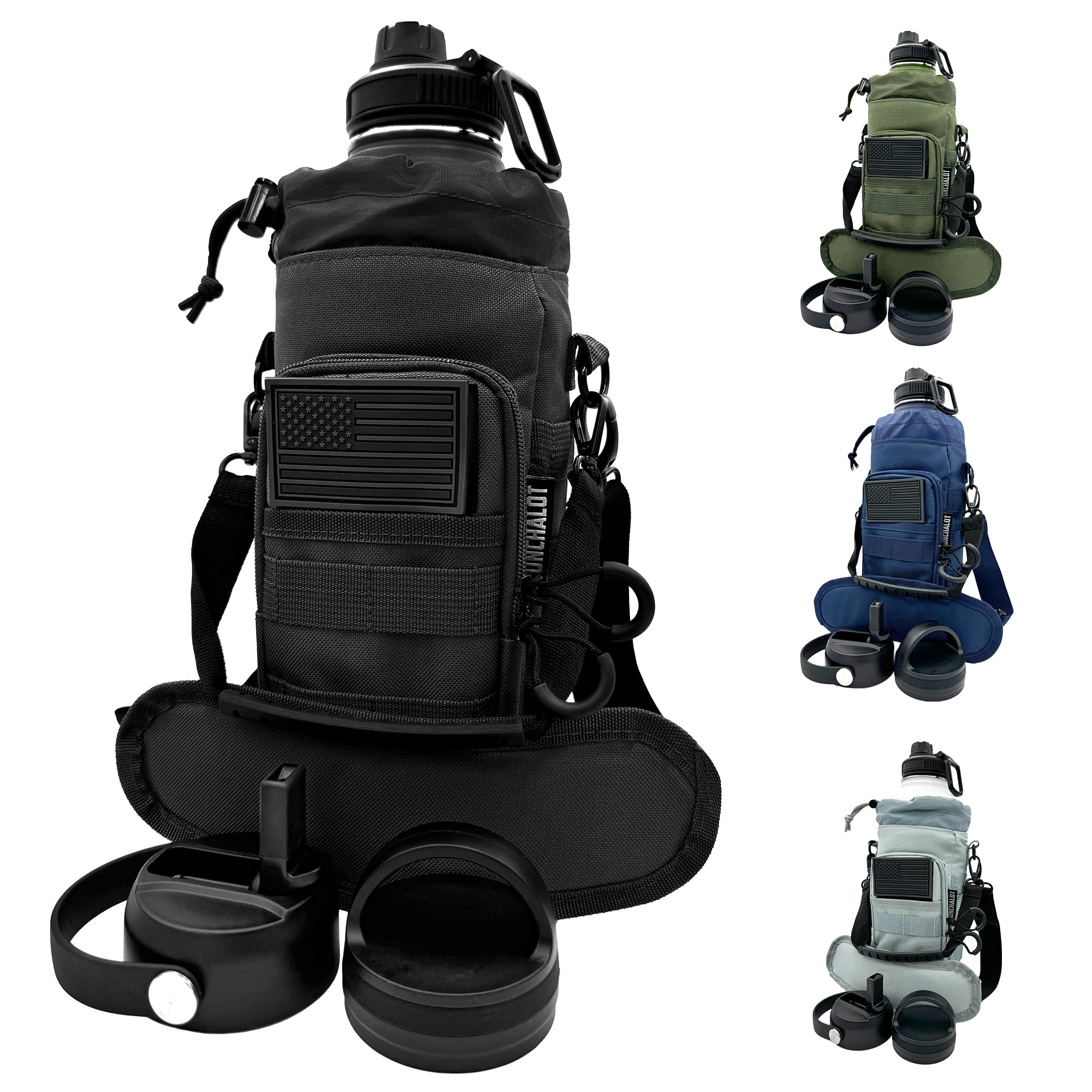 1 Gallon Water Bottle - 128 Oz Insulated Stainless Steel Metal Water Bottle with Holder - Carrying Bag - Spout Handle - Straw Lids - Keep Cold & Hot - Grey Tactical Flask