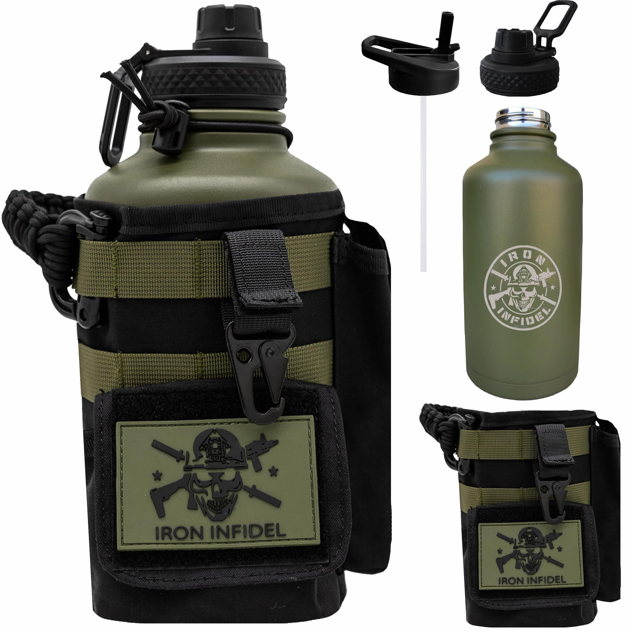 Iron Infidel Battle Bottle - Half Gallon Insulated Water Bottle with Paracord Handle - Large 64 oz Stainless Steel Water Jug & Rugged, Removable Sleeve For Keys, Wallet, Phone (OCP Camo 2 Liter)