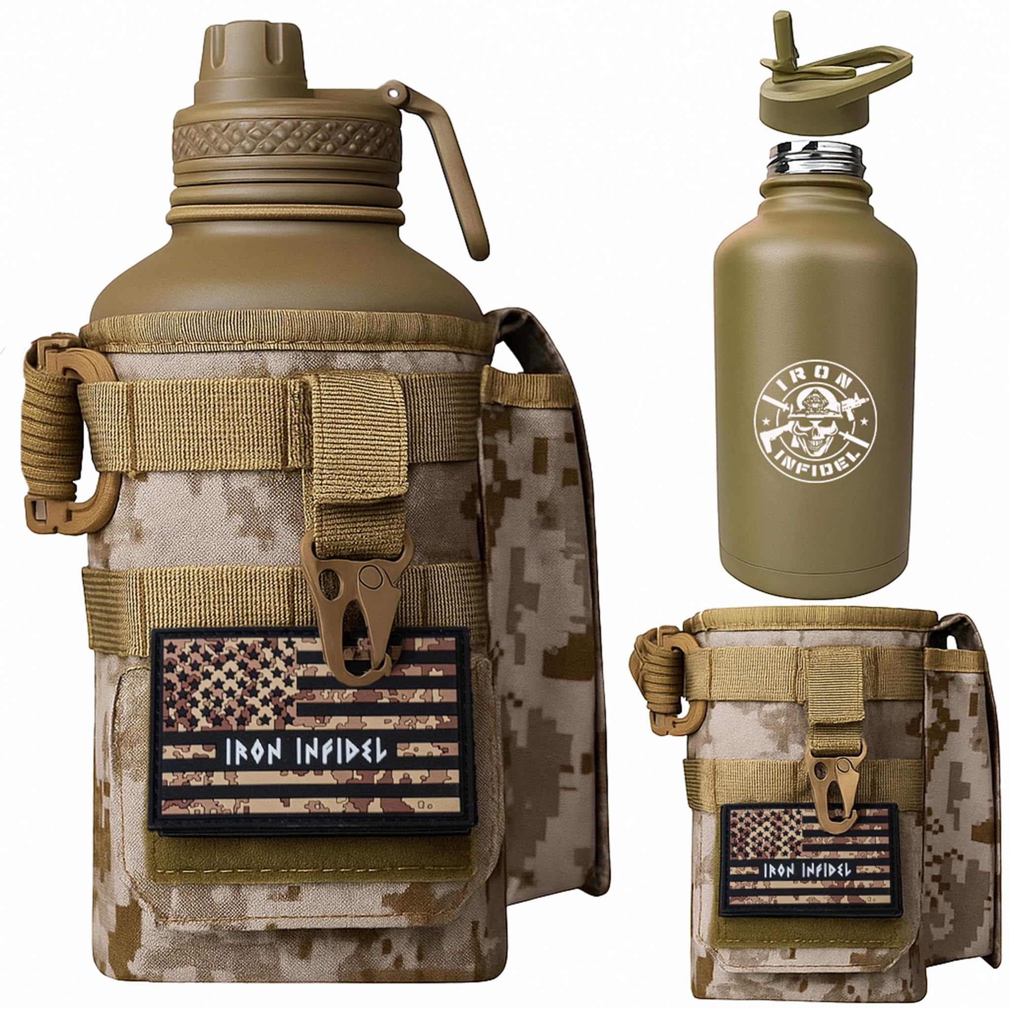 Iron Infidel Battle Bottle - Half Gallon Insulated Water Bottle with Paracord Handle - Large 64 oz Stainless Steel Water Jug & Rugged, Removable Sleeve For Keys, Wallet, Phone (OCP Camo 2 Liter)