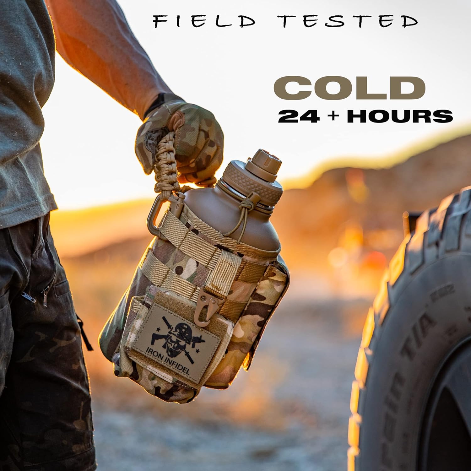 Iron Infidel Battle Bottle - Half Gallon Insulated Water Bottle with Paracord Handle - Large 64 oz Stainless Steel Water Jug & Rugged, Removable Sleeve For Keys, Wallet, Phone (OCP Camo 2 Liter)